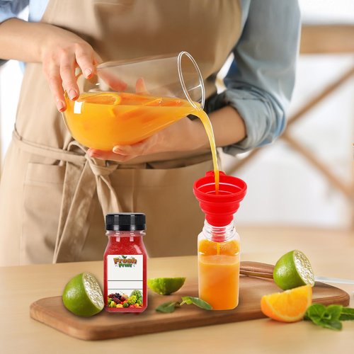 100PCS 4OZ Plastic Juice Bottles with Caps, Clear Shot Bottles Reusable Containers with Labels, Funnel and Brush，Suitable for Juice Milk, Tea, Drinking, Smoothie, and Other Beverages (100, 4, ounces)