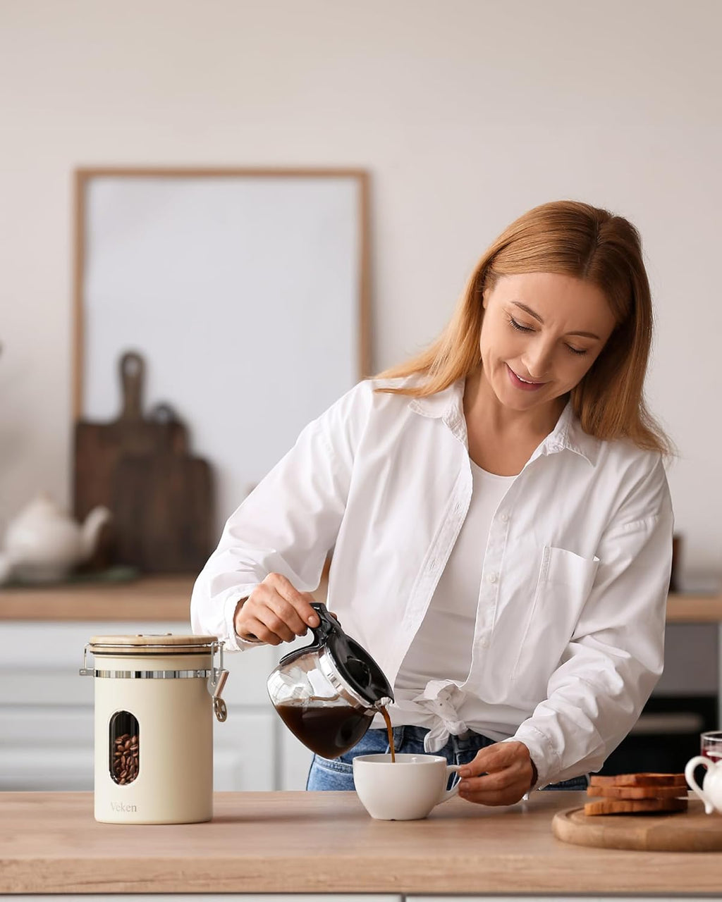 Veken Coffee Canister - Airtight Stainless Steel Food Storage Container with Window & Date Tracker | 22oz Cream
