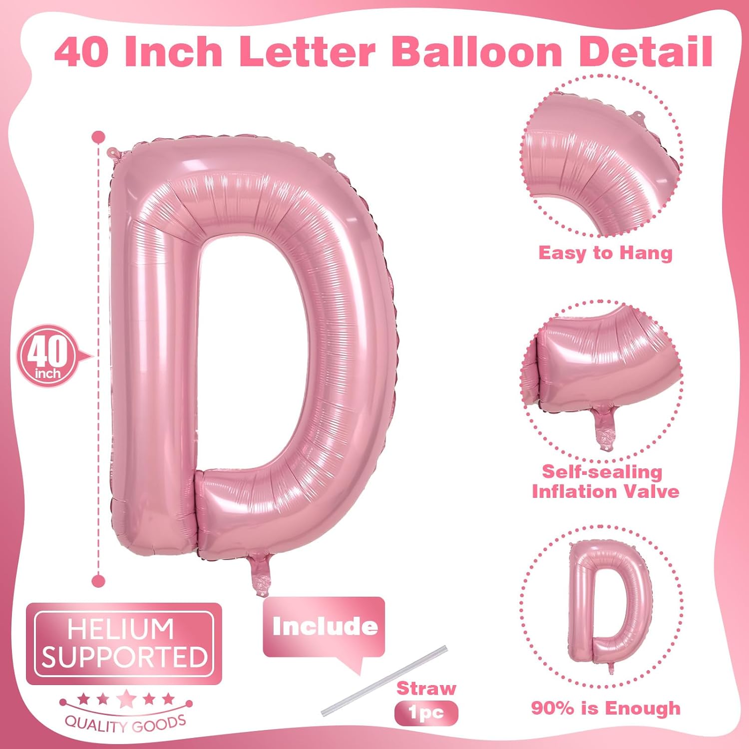 Pastel Pink D Balloon - 40 Inch Giant Mylar Foil Letter D for Girls' Birthday & Baby Shower Decor