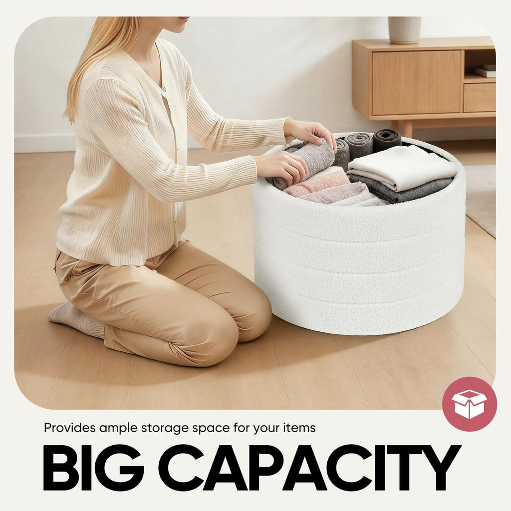 CAIPINFUL 22" Round Storage Ottoman,Boucle Sherpa Ottoman with Tray, Faux Teddy Foot Rest Coffee Table for Bedroom Dorm Living Room,White