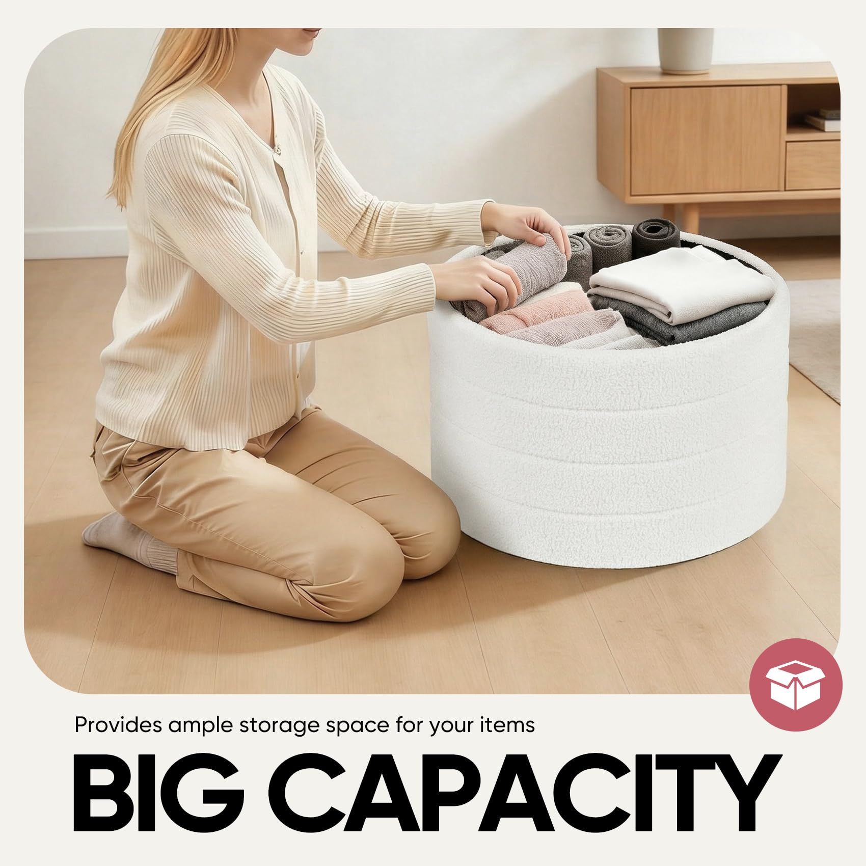 CAIPINFUL 22" Round Storage Ottoman,Boucle Sherpa Ottoman with Tray, Faux Teddy Foot Rest Coffee Table for Bedroom Dorm Living Room,White