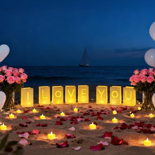 ARIKJ Valentines Day Decorations, Special Night Romantic Decorations - I Love You Light Up Letters Luminary Bags with Bright Flameless Tea Candles and Fake Rose Petals, Happy Anniversary