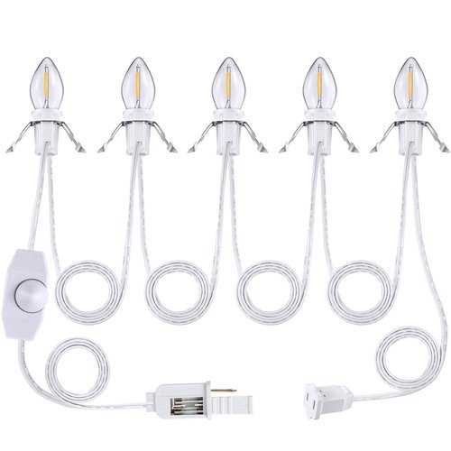 Leelosp Accessory Cord with LED Bulbs, 14.8 ft White Cord with C7 Lamp, On/Off Switch Plug, Spare Fuses, Female/Male Plugs, Village Light for Halloween Christmas Indoor Decor Craft Project(5 Light)