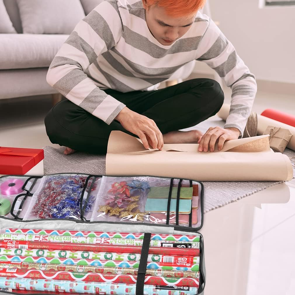 Primode Christmas Wrapping Paper Storage Bag - Durable Gift Wrap Organizer with Pockets | 37” x 14” x 4” | Gray