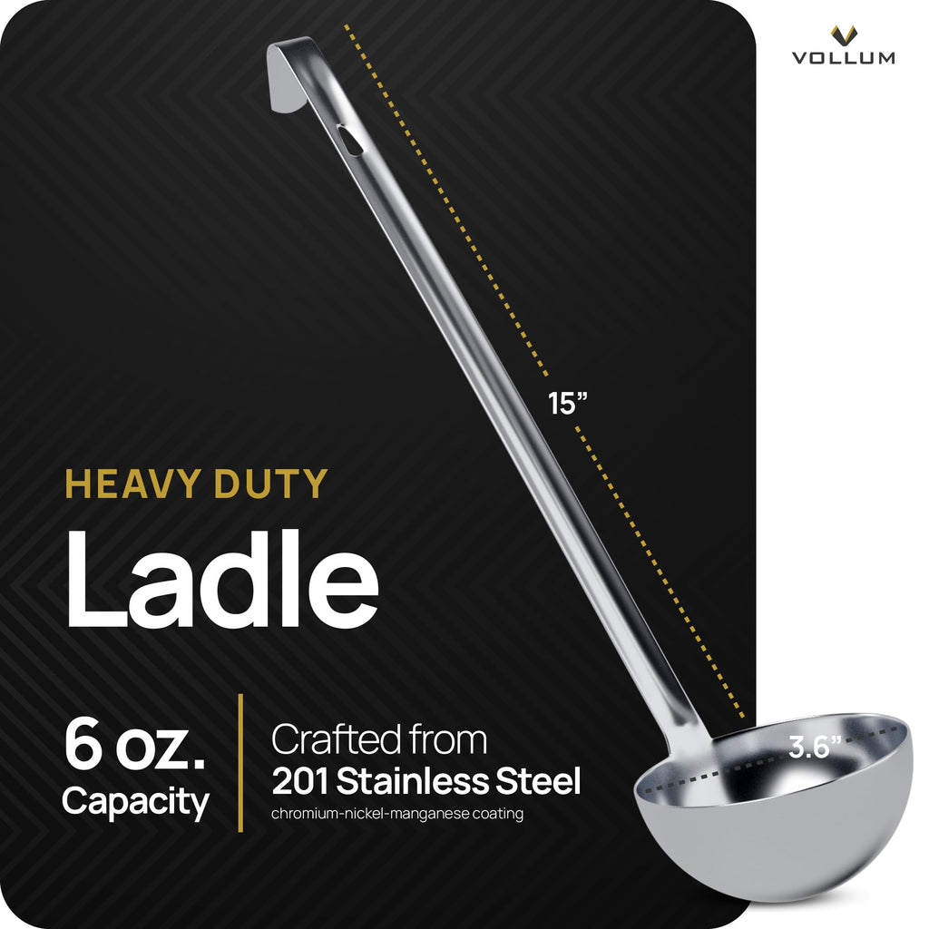Vollum Metal Ladle Stainless Steel – Heavy Duty One-Piece Large Soup Ladle with Long Handle for Gravy, Stew, Sauce – Kitchen Utensils for Cooking - 6 Ounce (3.6" Bowl Diameter, 12.1" Handle Length)