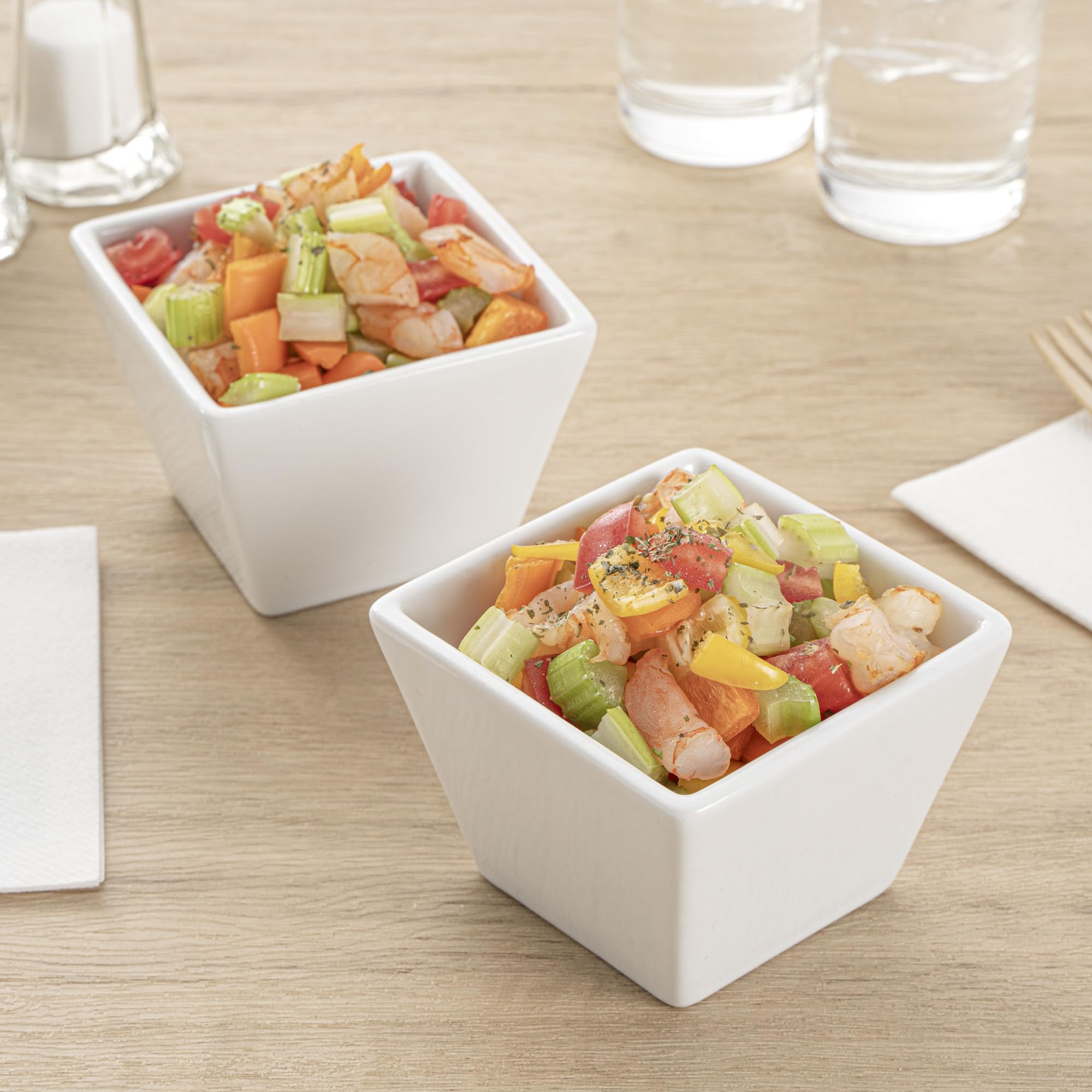 Restaurantware 6 Ounce Small Dessert Cups 10 Square Fondue Bowls - Oven Safe Chip Resistant White Porcelain Porcelain Dip Bowls Dishwasher Safe For Snacks Or Desserts