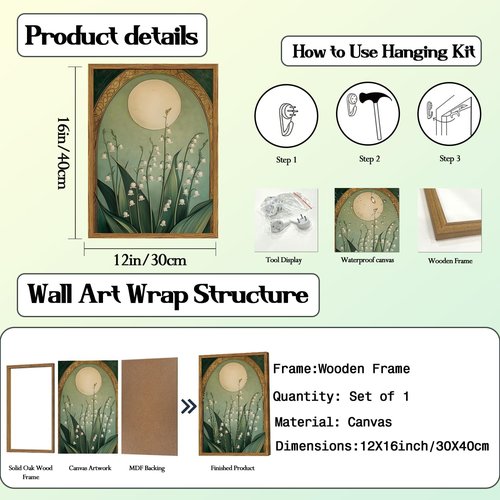 Framed Vintage Lily of the Valley Wall Art - Moody Boho Floral Canvas Print | Emerald Green 12x16in