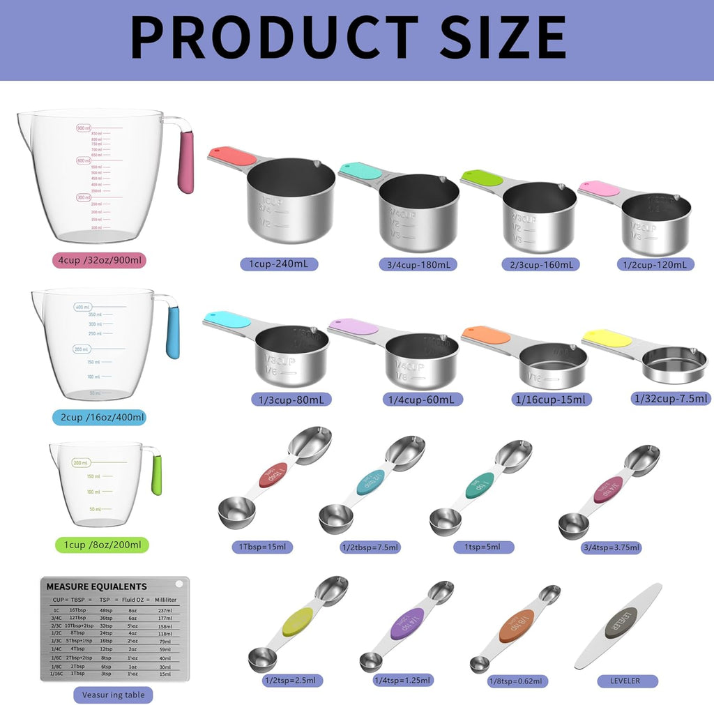 Skiennix Magnetic Measuring Cups & Spoons Set - 5 Stainless Steel Cups & 7 Magnetic Spoons for Accurate Measurements