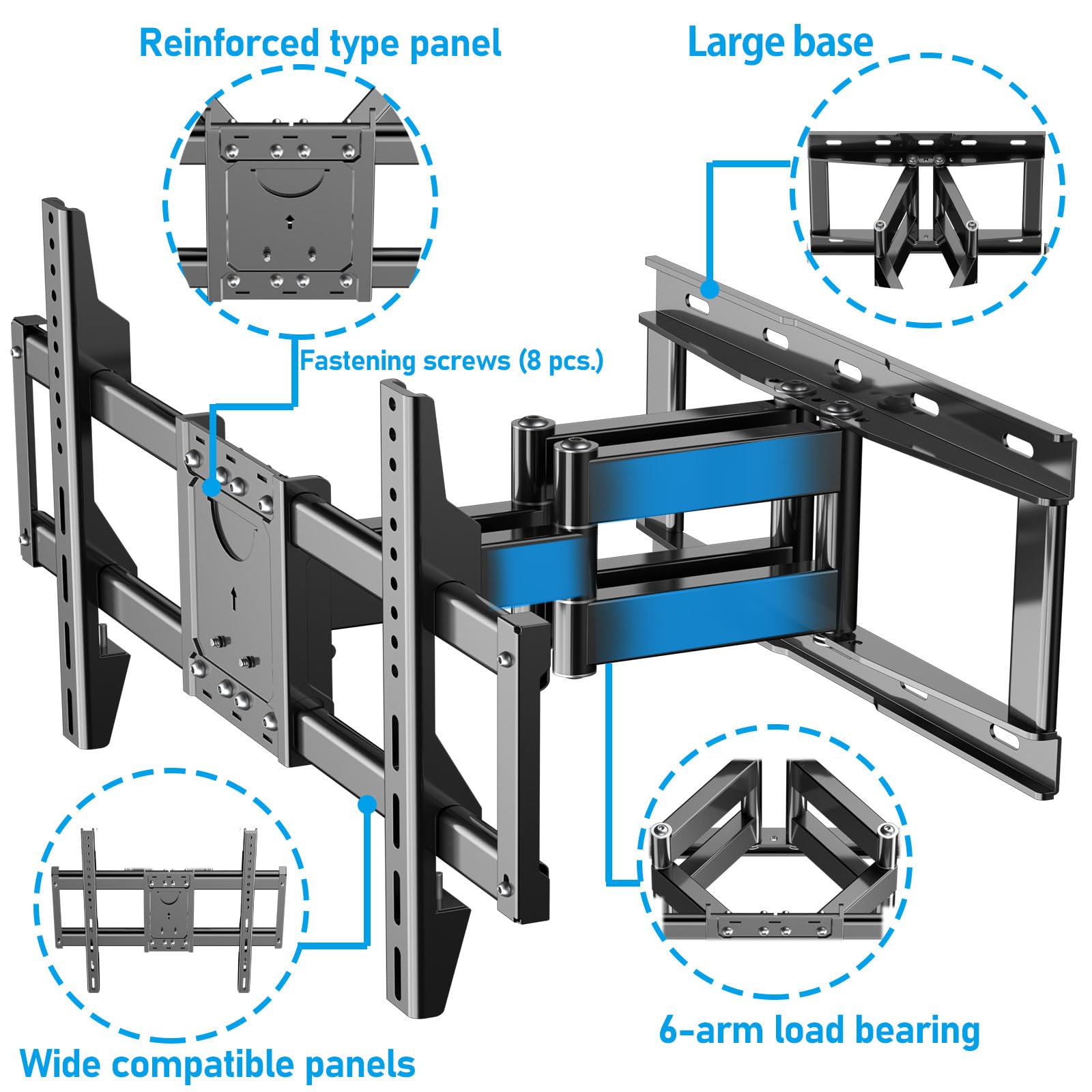 WNJQBY Full Motion TV Wall Mount - 37-85'' Flat/Curved TVs, Swivel Articulating Arms, Max VESA 600x400mm, Tilt Rotation, Holds up to 135 lbs