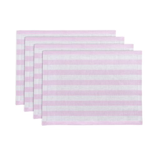 Solino Home Linen Placemats Set of 4 - Sorrento Stripe Pink and White Placemats 14 x 19 Inch - 100% Pure Linen Place Mats for Valentines, Spring, Easter
