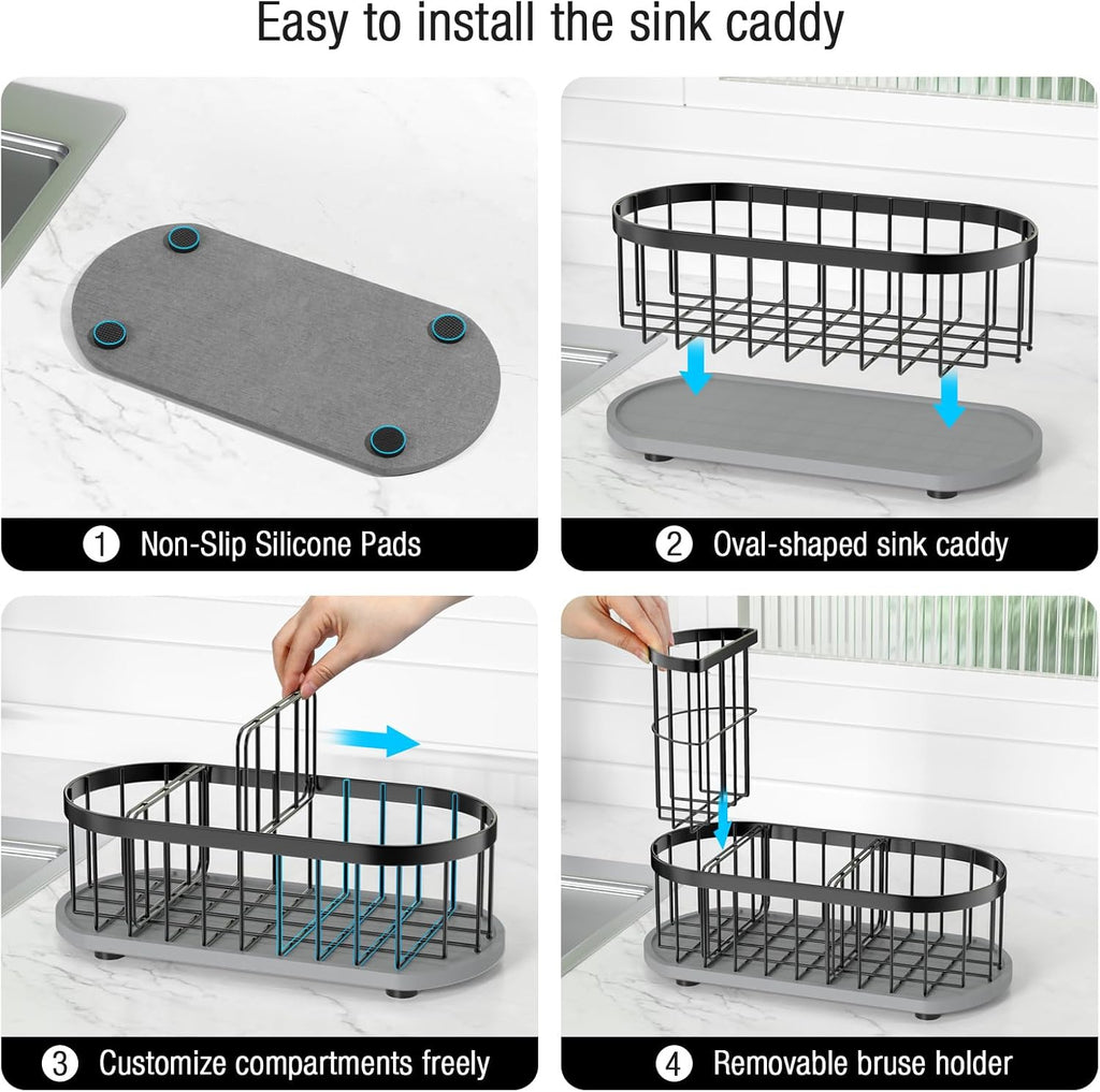 Stay-Dry Sponge Holder | Rustproof Stainless Steel Kitchen Sink Caddy with Water Absorbing Stone Tray - Black