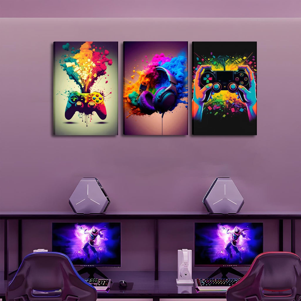Skiennix Gaming Room Decor - Set of 3 Framed Canvas Posters for Boys' Bedrooms | 16x24 in