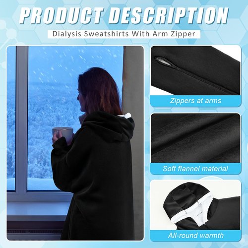 Jeere Dialysis Clothing Sweatshirts with Arm Zipper, Flannel Fleece Oversized Wearable Blanket, Gifts for Dialysis Patients(Black)