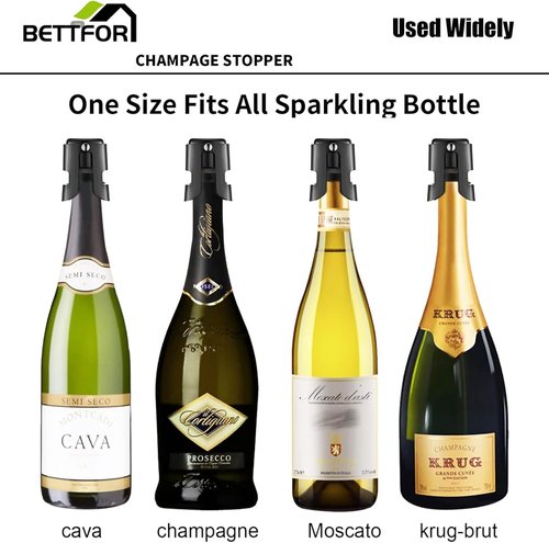Champagne Stoppers with Stainless Steel Champagne Saver with Food Grade Silicone Leak proof Keep Fresh Suitable for Champagne, Cava, Prosecco and Sparkling (Black, 4 Pack)