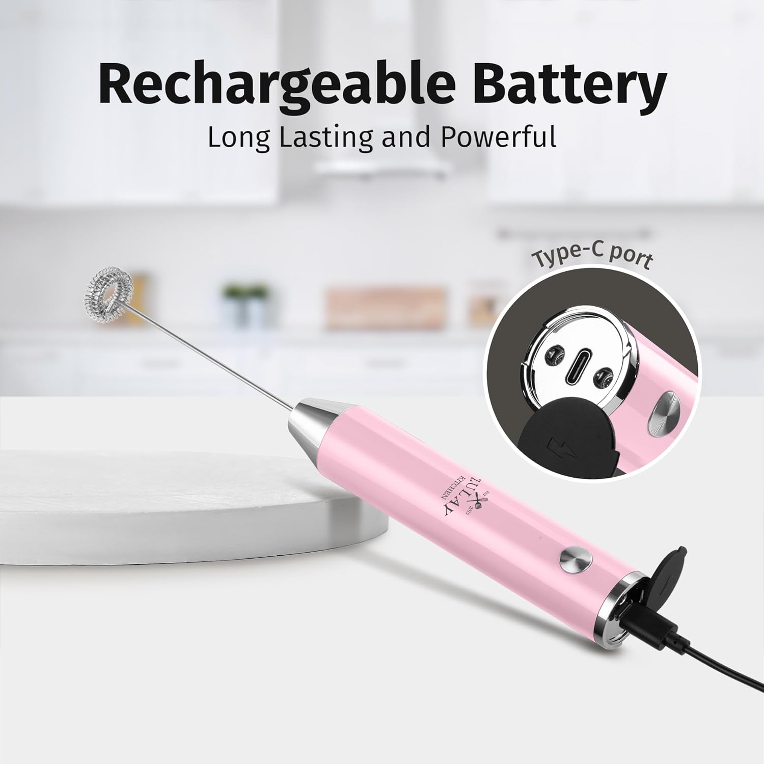 Zulay Kitchen Rechargeable Milk Frother - Powerful 2-Speed Motor, Waterproof, 2000mAh Battery | Pink Bubblegum Drink Mixer for Latte, Cappuccino & Matcha