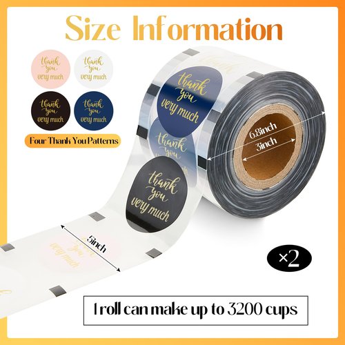 Henoyso 2 Roll Cup Sealer Film for Sealing Machine 90-105 mm 6400 Cups Bubble Tea Sealer Film for 16 oz Plastic Cups for Bubble Tea, Water, Coffee, Juice, Soda (Thank You Style)