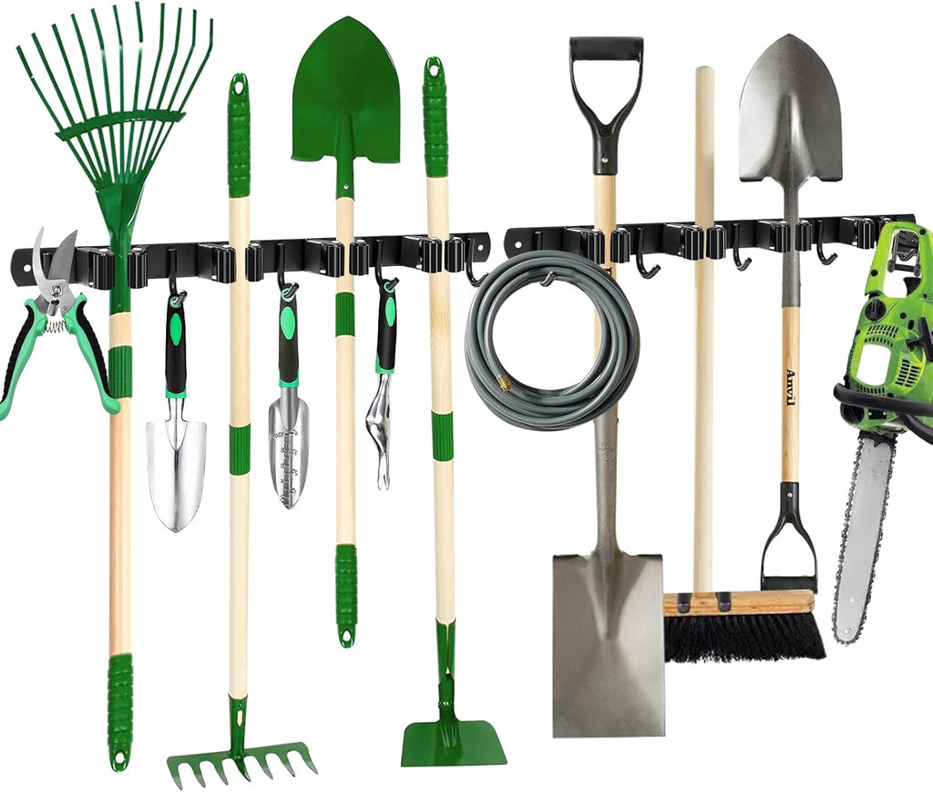 Skiennix Mop and Broom Holder - Wall Mount Organizer with 4 Racks & 5 Hooks | Heavy-Duty Stainless Steel for Home & Garage
