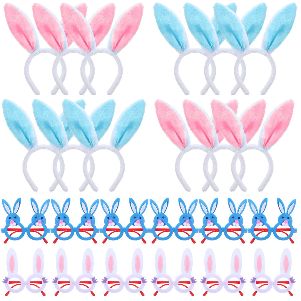 Seenelling 48 Pcs Easter Headbands and Glasses Set, Bunny Ears Bulk with Cute Bunny Glasses, Plush Spring Costume for Adults Easter Photo Props Party Favors