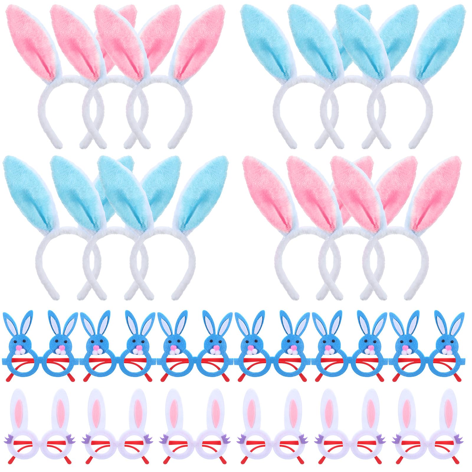 Seenelling 48 Pcs Easter Headbands and Glasses Set, Bunny Ears Bulk with Cute Bunny Glasses, Plush Spring Costume for Adults Easter Photo Props Party Favors