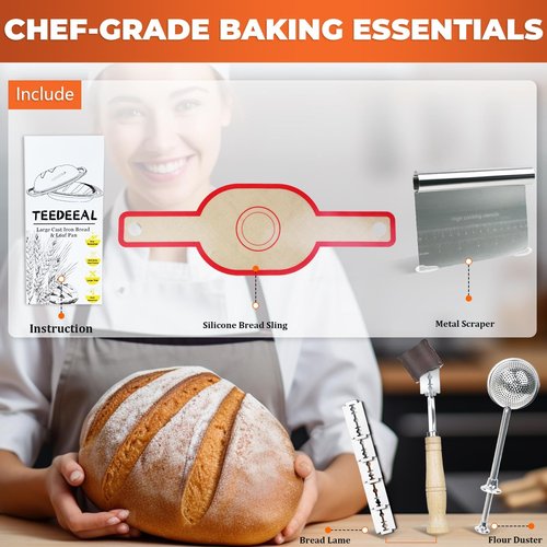 9.2 QT Heavy Duty Pre-seasoned Cast Iron Bread Pan, Large Loaf Dutch Oven with Lid, Sourdough Bread Baking Pan - Compatible with Ceramic/Cooktops/Ovens/Grill/Campfire - with lame, Flour Duster, etc