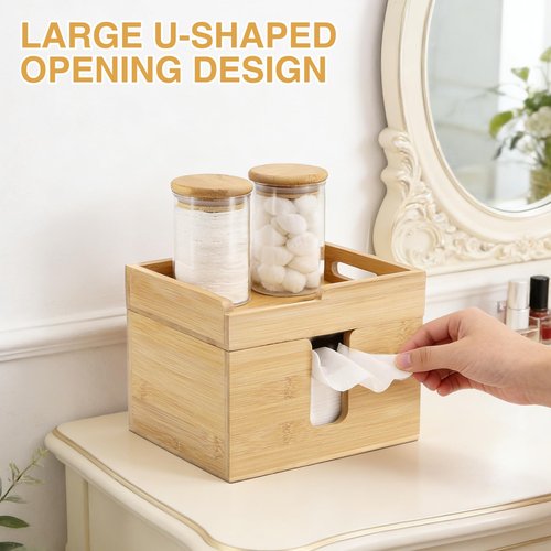 InnJoey Bamboo Face Towel Holder with 120 XL Towels - Open-Top Skincare Organizer for Facial Cleansing Wipes & Beauty Essentials - Bathroom Countertop Vanity Organizer