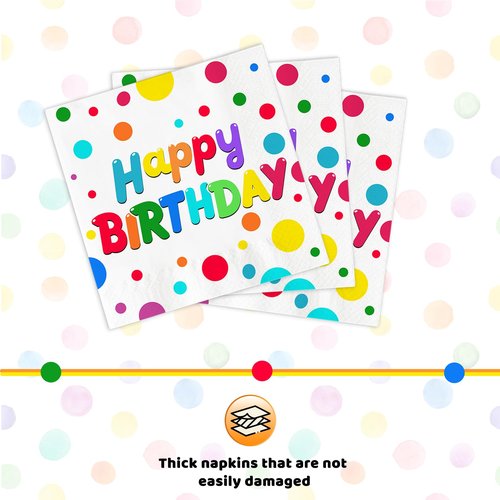 50 PCS Happy Birthday Paper Plates and Napkins Serve 25, 9 inches Colorful Polka Dots Cake Dessert Plates Disposable Dinnerware Tableware Table Decor Decorations for Dinner Bday Party Supplies