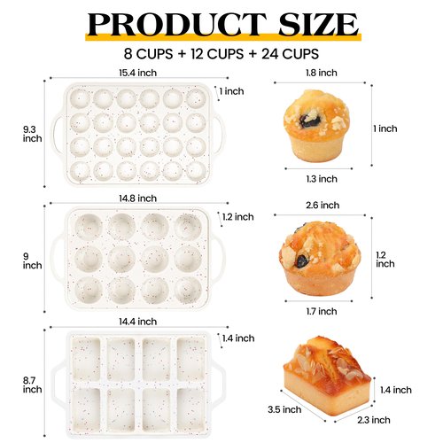 AOTASO 3 Pcs Silicone Baking Pan Set - Including 1 Pc Mini Loaf Pan, Standard Muffin Pan and Mini Muffin Pan - Silicone Cupcake Molds With Metal Reinforced Frame (Cream)