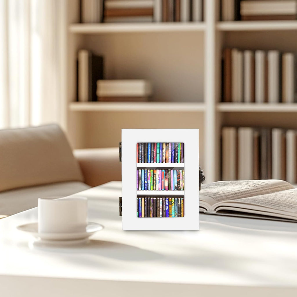 Regine Switzerland Mini Bookshelf | 60PCS Wooden Miniature Book Library for Stress Relief - White