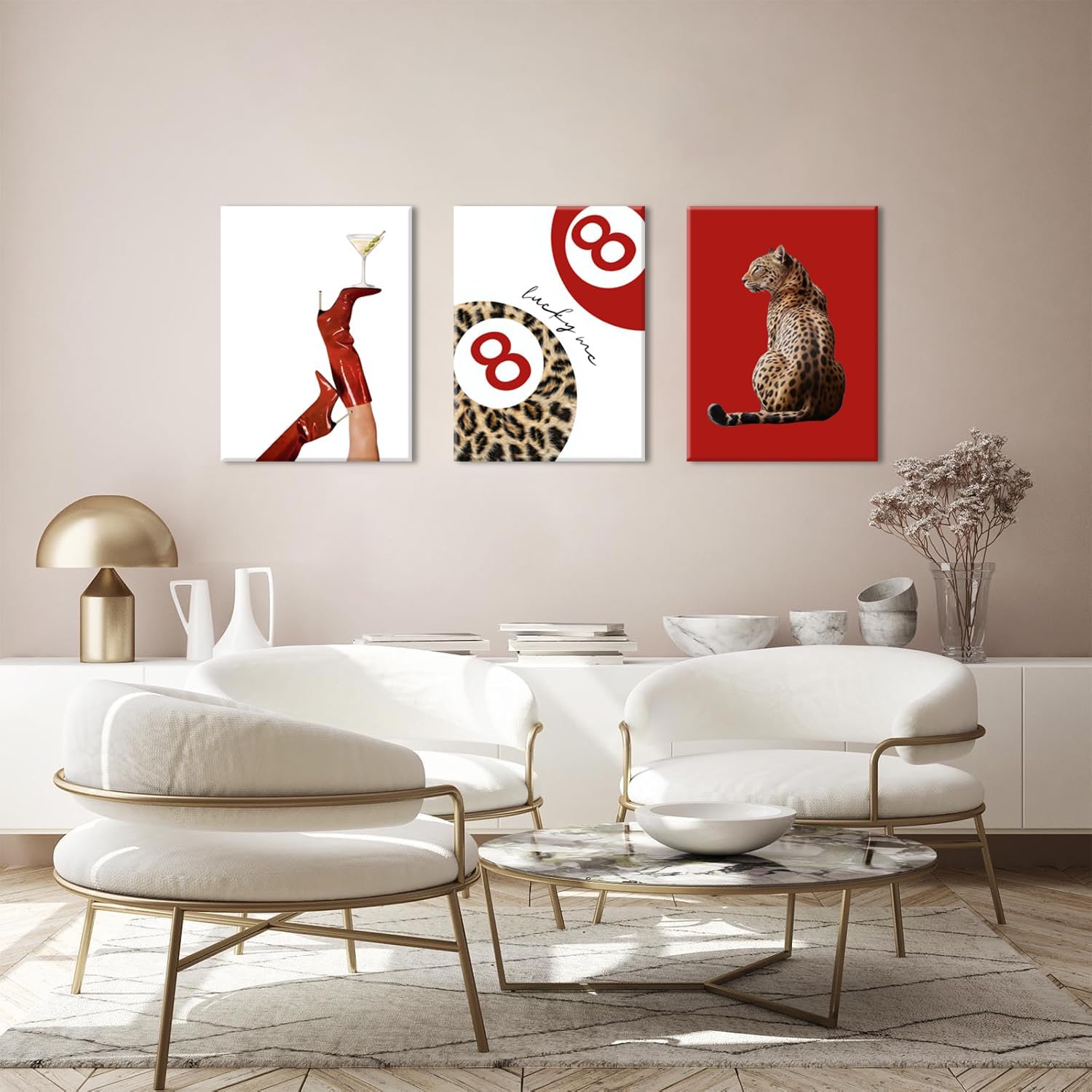 Skiennix Leopard Canvas Wall Art Set of 3 - Red Cheetah High Heel & Lucky 8 Ball Prints | 16x24 Inch Framed Decor for Girls' Bedroom