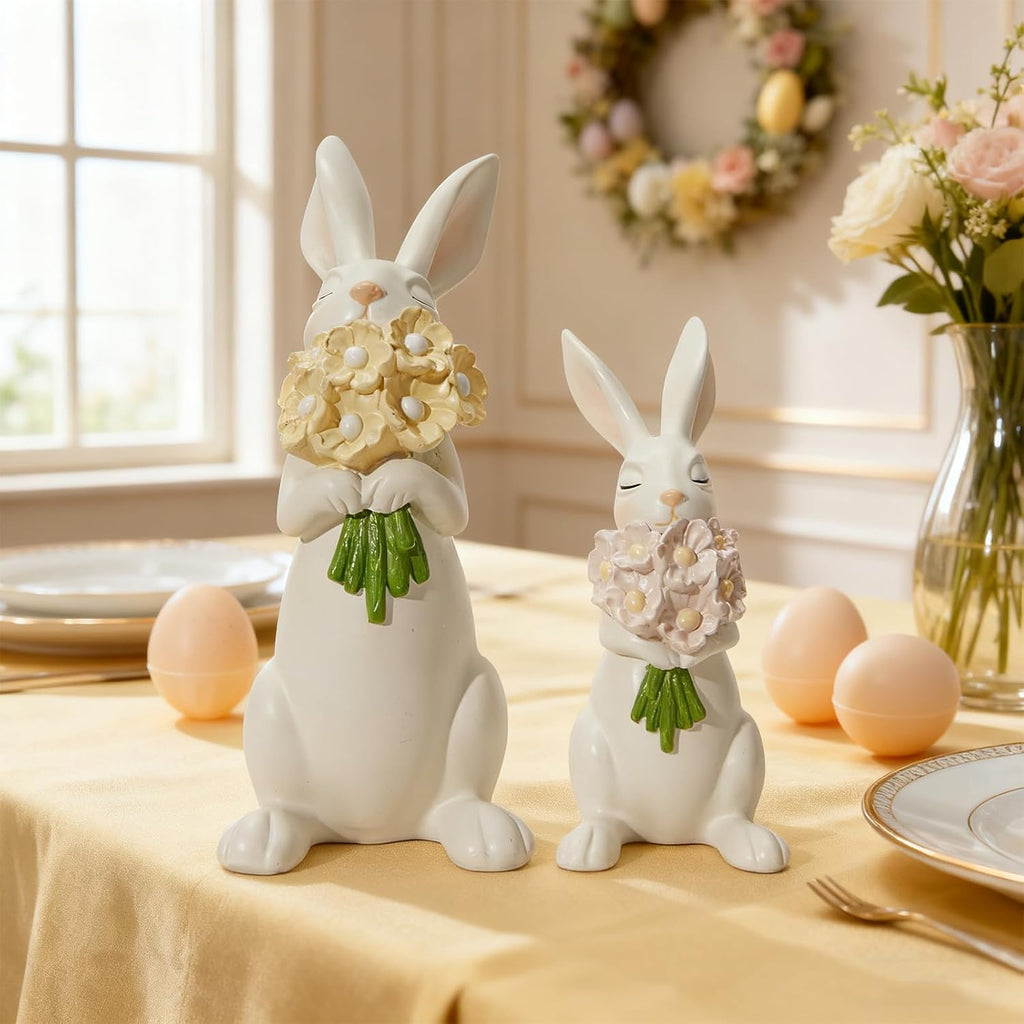 WDS WONDROUS Bunny Figurines Set - Cream White Bunnies with Pastel Flower Bouquets | Cute Spring Home Decor, Set of 2