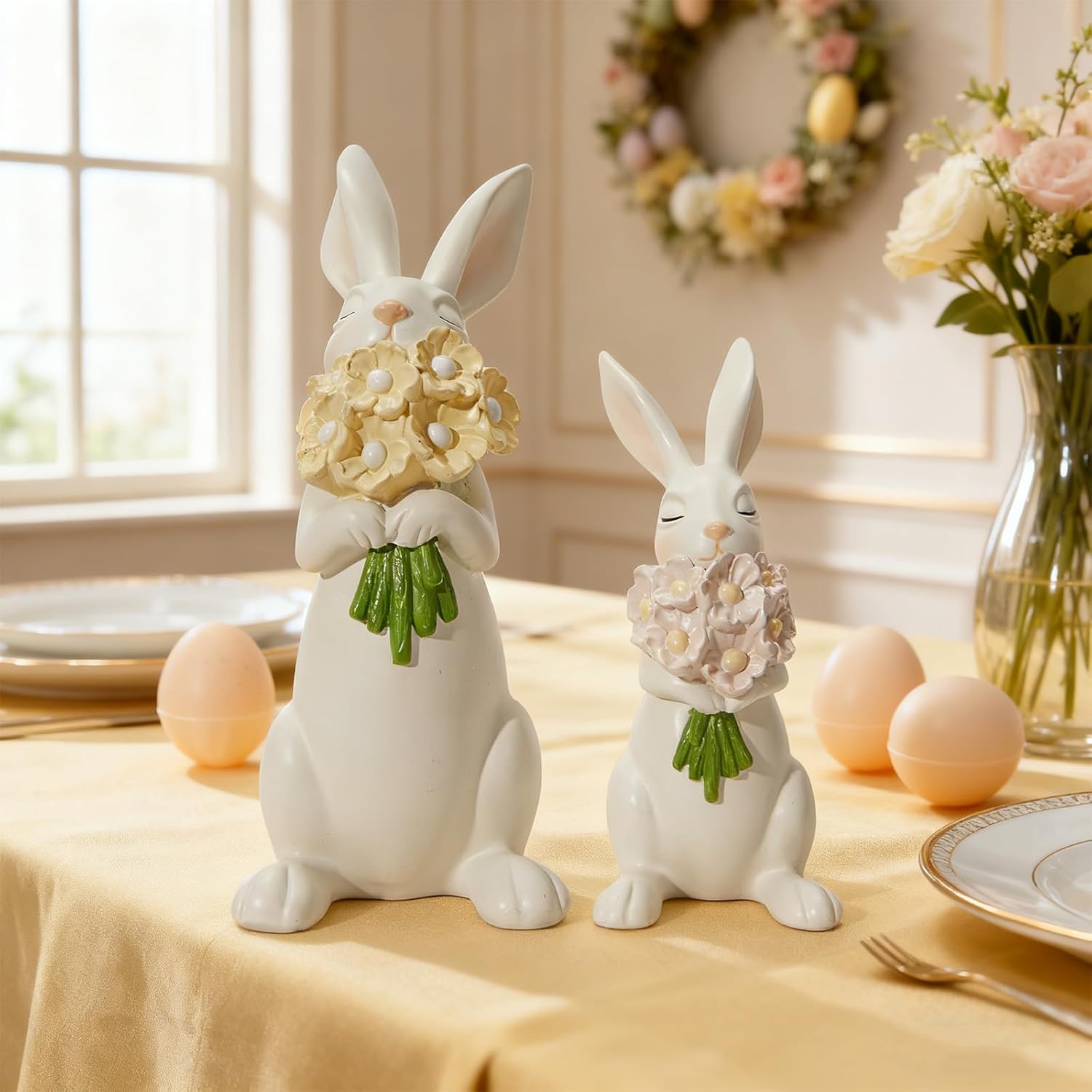 WDS WONDROUS Bunny Figurines Set - Cream White Bunnies with Pastel Flower Bouquets | Cute Spring Home Decor, Set of 2