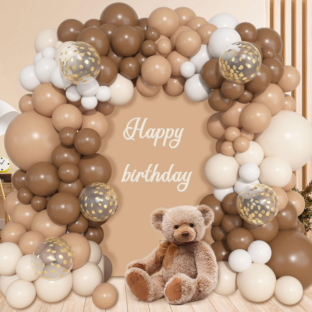 Ouddy Life 157 Pcs Brown Balloons Garland Arch Kit, Beige Nude Neutral White Gold Confetti Different Size Balloon for Birthday Teddy Bear Baby Shower Neutral Woodland Wild One Wedding Party Decoration