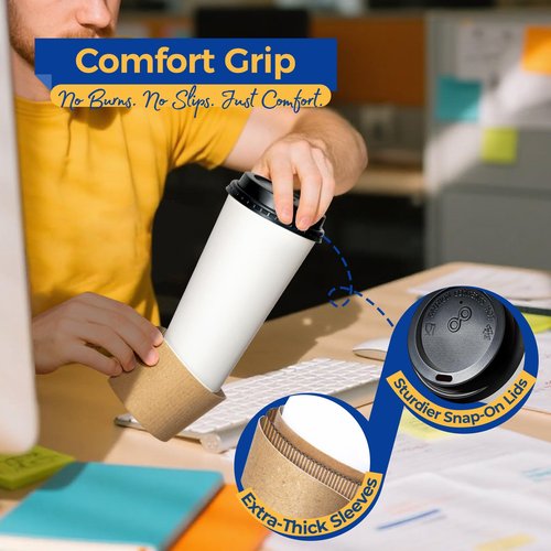 Fit Meal Prep 24 oz 50 Pack To Go Coffee Cups with Lids and Sleeves, Disposable Paper Coffee Cups with Lids for Hot/Cold Beverage