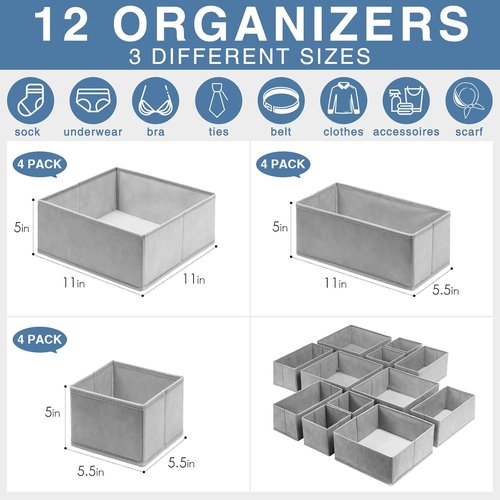 Criusia Drawer Organizer Set - 12 Pack with 4 Storage Baskets for Efficient Closet Organization