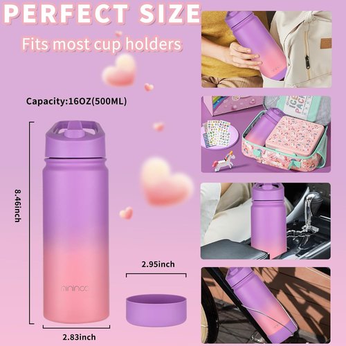 Mininoo Kids Water Bottle - 16oz Stainless Steel Insulated with Straw Lid | Purple/Pink for School