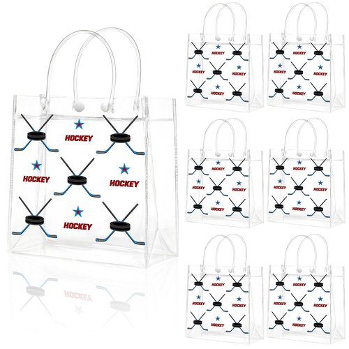 Locmeo 24 Pcs Hockey Clear Goodie Bag with Handles PVC Sport Theme Candy Treat Bags Bulk for Sports Team Gifts Birthday Party Favors, 8 x 8 x 3.15 Inches