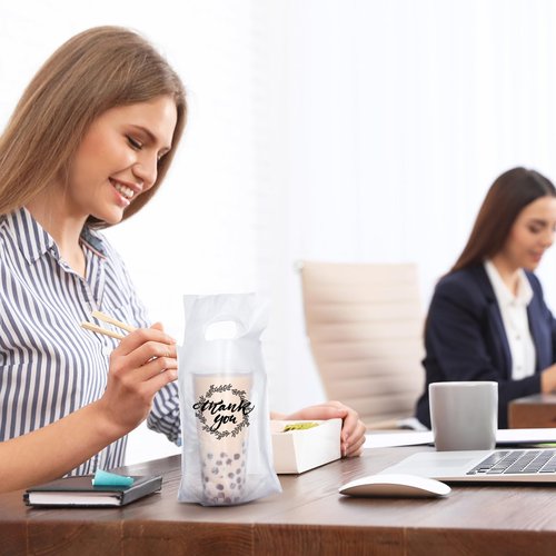 Kisston 1000 Pcs Drink Carrier for Delivery, Plastic Carrier Bags Thank You Clear Handle Drink Poly Bags Bulk for Coffee Tea Beverage Juice(Hold 2 Cups, Hold 1 Cup)