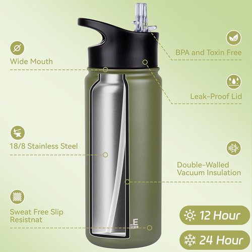 HASLE OUTFITTERS Insulated Water Bottle - 16 oz Double Wall Vacuum Stainless Steel, Leak Proof, Army Green