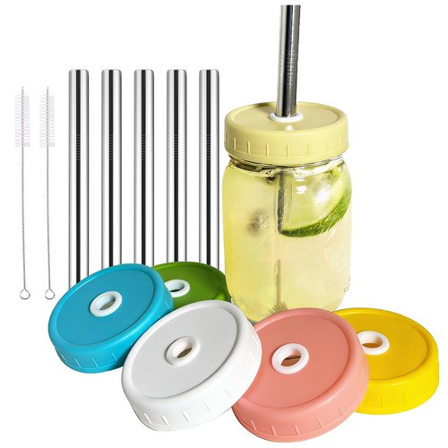 Mason Jar Lids, 6 Pack Wide Mouth Mason Jar Lid with Straw Hole for Ball Caning Jar - Drinking Coffee, Smoothies, Boba-Milk Tea, Dishwasher-safe & Leak-proof