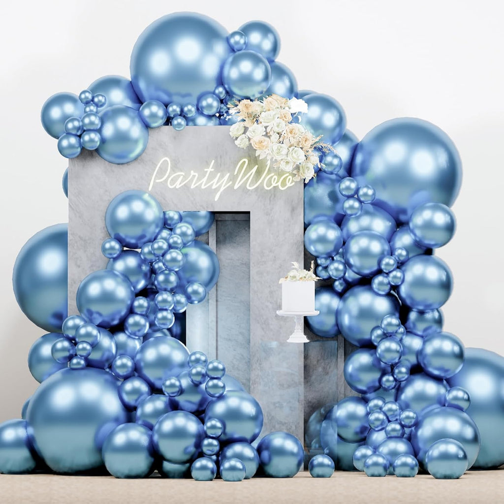 PartyWoo Metallic Light Blue Balloons - 140 Pcs Latex Balloon Arch Kit | Various Sizes for Graduation & Baby Showers