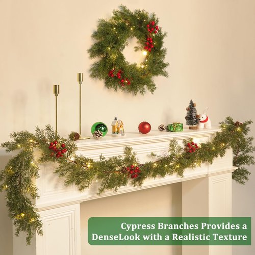 Prelit & Timer - 6 Ft Real Touch Christmas Cedar Garland with Lights, Lighted Christmas Garland for mantle Table Holiday, Soft Greenery Pine Cypress Garlands Pinecone Berry Battery Operated Xmas Decor