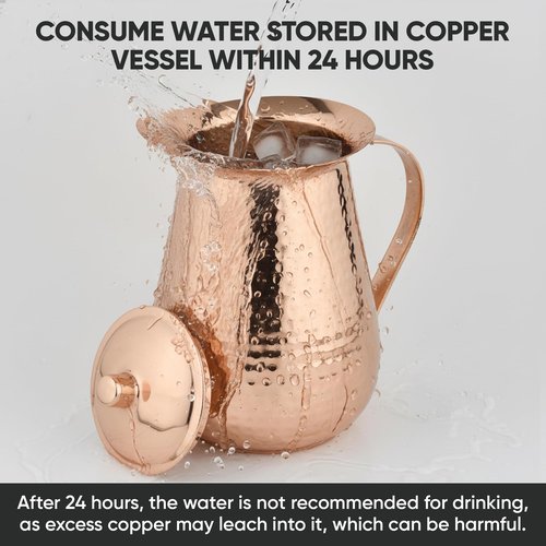 Copper Water Pitcher with Lid – 100% Pure Copper Jug for Drinking Water, Juices and Beverages (68oz / 2L) | Handcrafted Hammered Vessel