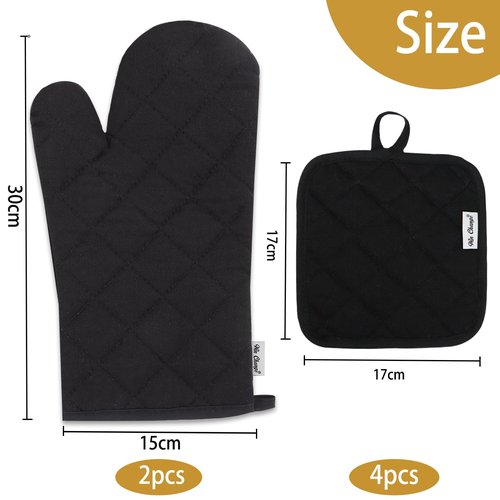 Win Change Oven Mitts and Pot Holders Sets,6 Pcs Oven Mitts and Potholders with Recycled Cotton High Heat Resistant Extra Thick Long Oven Mitts for Cooking(Black)