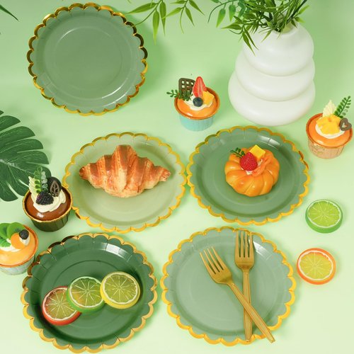 Leapig Green mix scalloped party plates with napkins and fork gold foil border, 24 Guest disposable Tableware Set Sage Green Party Decoration for Birthday Coquette Bridal Baby Shower Valentines