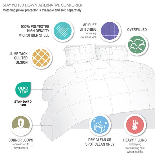 Madison Park Queen Comforter, Overfilled High Desity Down Alternative Fill Winter, 3D Puff Jump Tack Quilted Microfiber Fluffy Comforter, Corner Loops, Stay Puffed, Full/Queen, White