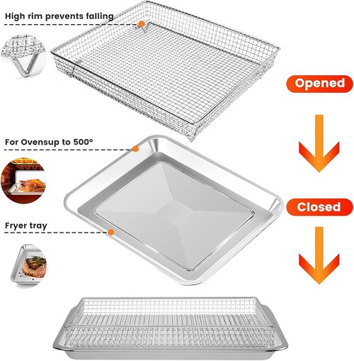 Cuisinart Air Fryer Accessories - 2 Pack Basket Tray Set with 12.2"x11" Stainless Steel Baking Sheet for Perfect BBQ Cooking