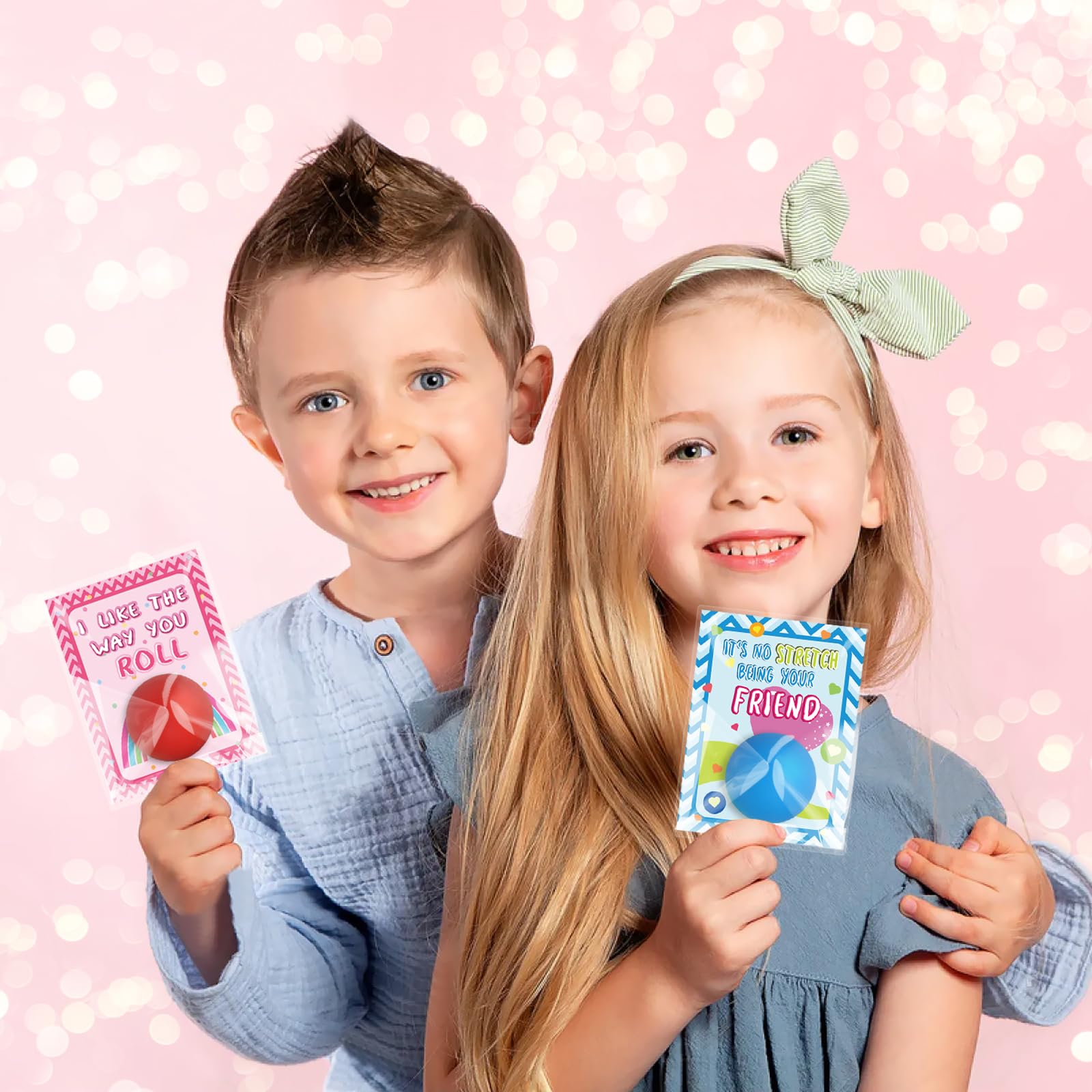 WEMEMORN Valentines Day Gifts for Kids, 32 Pack Valentine Cards for Kids Classroom with Stress Ball Stretchy Sensory Squeeze Toys, Valentine's Prizes Party Favor School Class Classroom Gifts Exchange