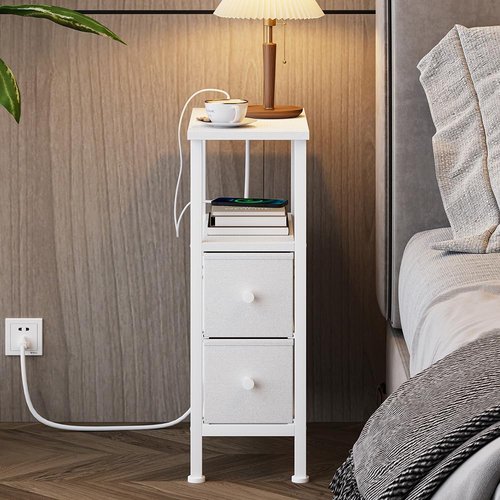 VIMBER 2 Set Narrow Side Table for Small Spaces, Skinny End Table with Charging Station, Sofa Beside Table with 2 Drawers 1 Open Compartment, Slim Nightstand with USB Ports Outlet, White UTBT005W2V2