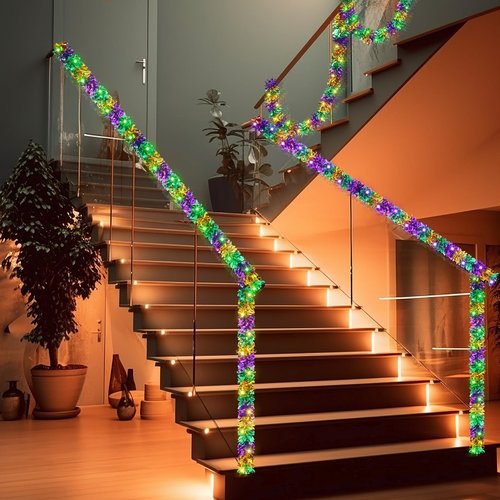 Boao 12 Pcs/78 ft Mardi Gras Decoration Tinsel Garland with LED Light 6.5 ft Each Mardi Gras Metallic Streamers Battery Operated Lighted Hanging Decor for Carnival Party Supply(Battery Not Include)