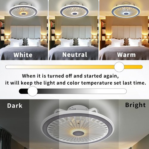 AFSEMOS Modern Ceiling Fans with Lights,19" Low Profile Ceiling Fan,3000K-6500K Smart Dimmable，Flush Mount Ceiling Fan for Bedroom, Kids Room and Living Room